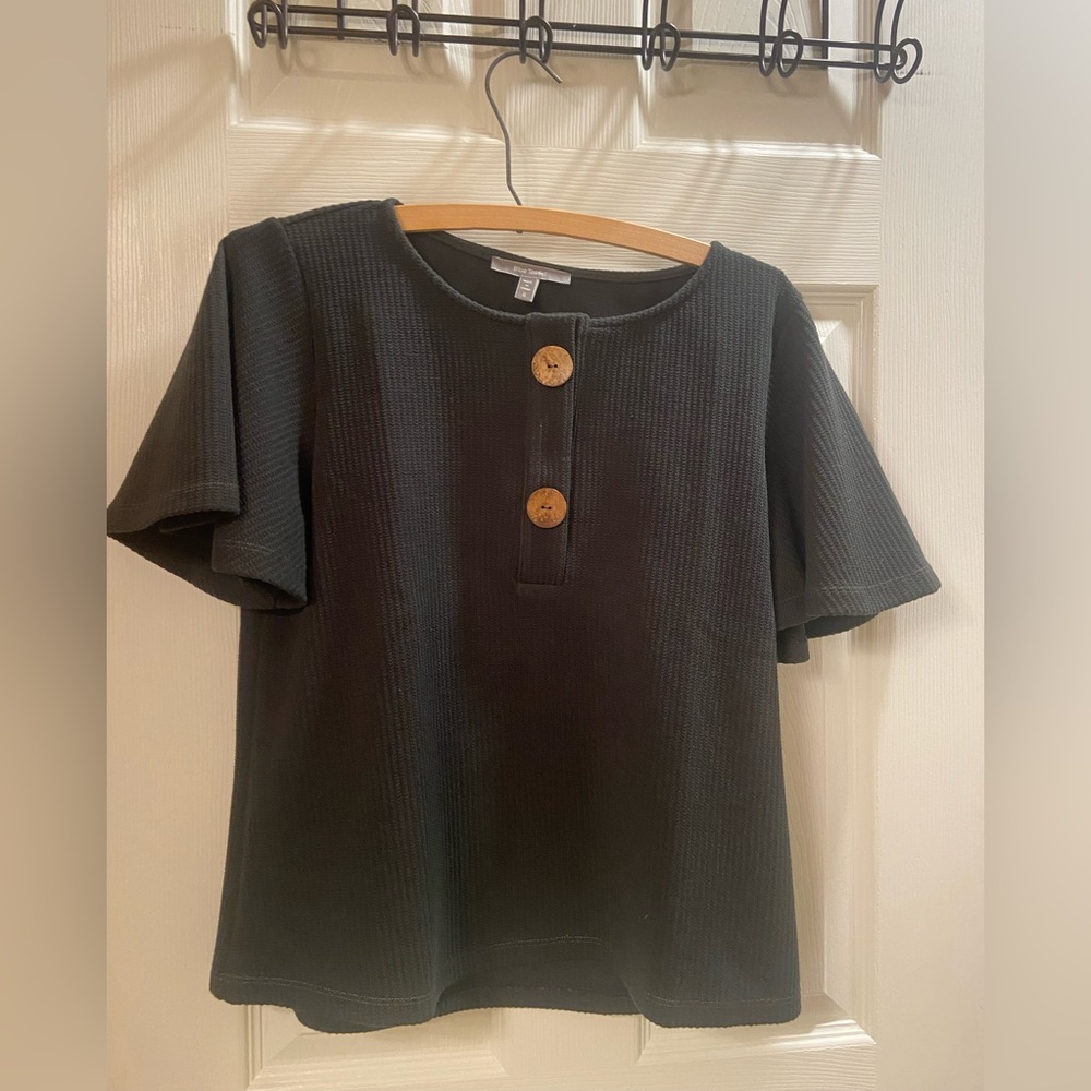 Blue Tassel Navy Waffle Knit Top with Wood Buttons – Size S